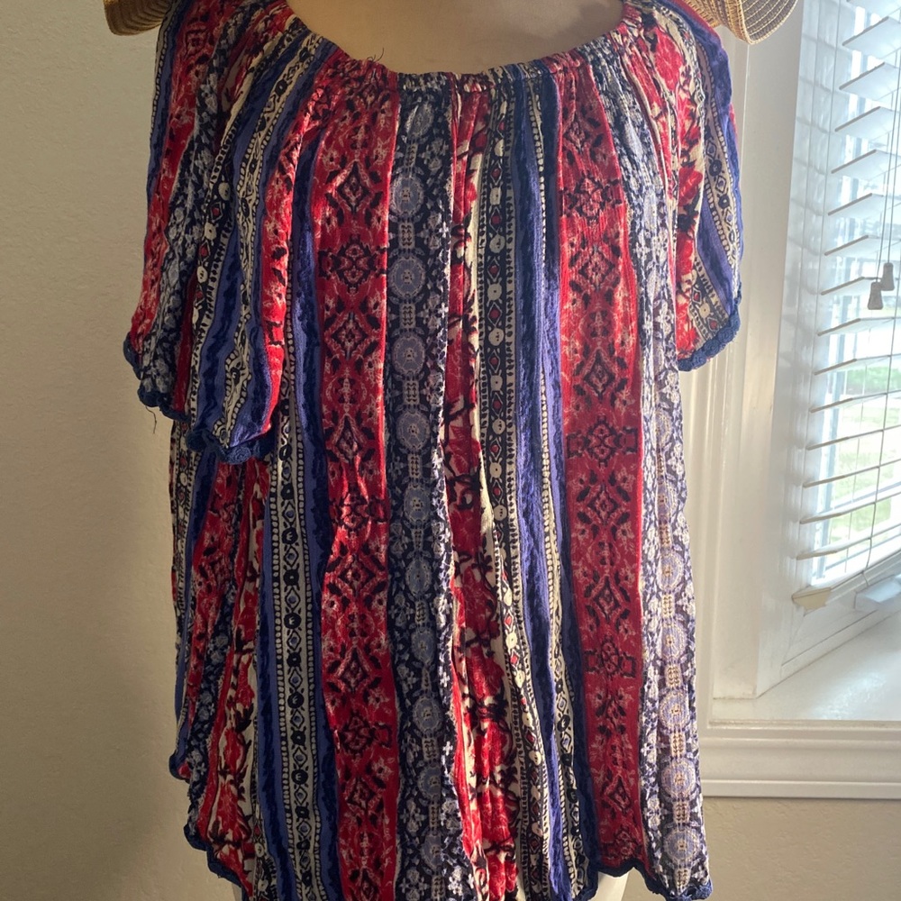 Westport blouse red, blue multi colored